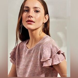 White + Warren Pink Ruffle Sleeve Crew Neck Sweater